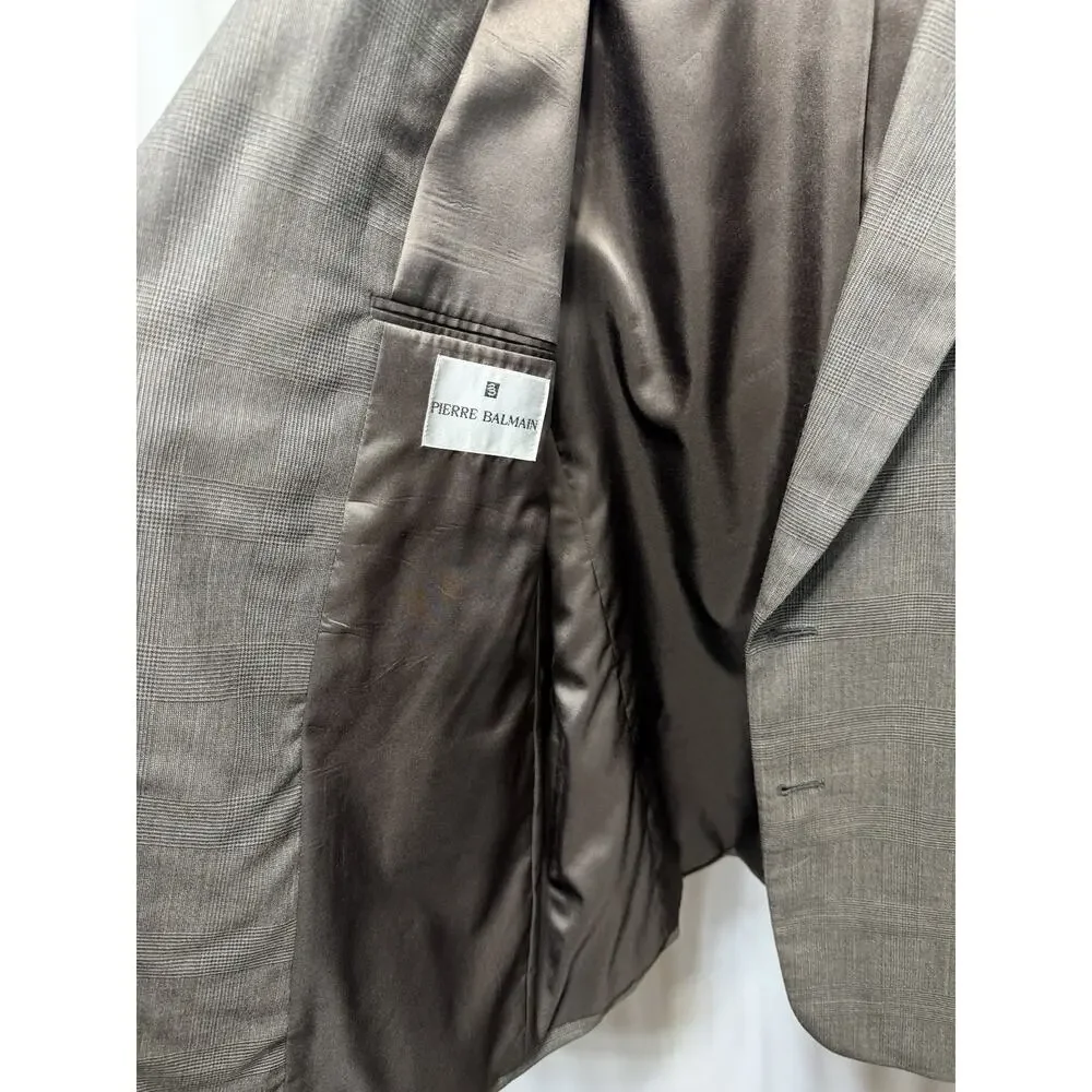 VTG Pierre Balmain Brown Window Pane 100% Natural Wool Suit 46 Long Pants 36x30